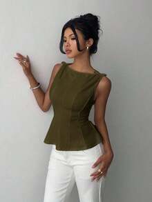 sin mangas elegante para ir a la oficina, diseño minimalista, casual de negocios para mujer, ropa de oficina, salir, para maestras, blusa casual para mujer, blusa social para mujer - Verde militar - Ver 1