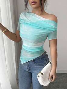 Camiseta de mujer de manga corta con hombro asimétrico y estampado de teñido anudado - Azul menta 2 - Ver 7