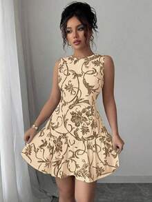 Vestido mini elegante de estilo bohemio con estampado floral, sin mangas y cintura ceñida para mujeres, conjunto de verano con acabado tejido al estilo francés para graduaciones, primavera/verano - Marrón - Ver 5