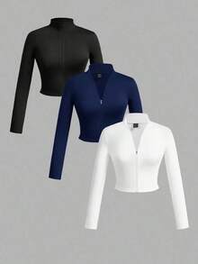 Set de 3 camisetas de manga larga con cuello en V, cremallera y ajuste ceñido, de estilo casual para otoño/invierno para mujer, en colores blanco + negro + gris - Azul marino - Ver 9