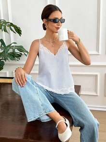 Camiseta de tirantes de mujer con estampado de encaje y parches, ideal para vacaciones de verano - Azul y blanco - Ver 7