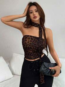 Top de bandeau fruncida con estampado de leopardo y bufanda - Café integral - Ver 1