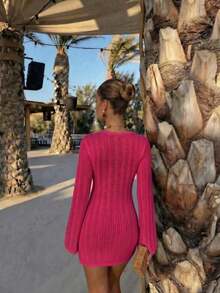 Vestido de manga larga de punto para mujer, estilo de vacaciones en la playa - Rojo ciruela intenso - Ver 8