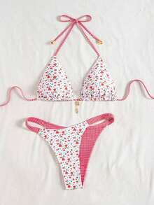 Conjunto de bikini reversible con estampado de lunares en contraste, con escote halter y nudo en la espalda, de estilo dulce y sexy, para vacaciones en la playa - Multicolor 14 - Ver 8