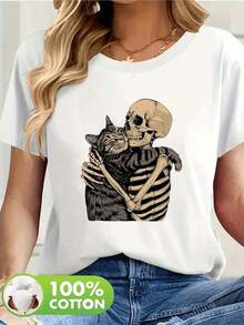 1pieza Blusas de mujer hermosas Blusas para mujeres Conjuntos de ropa para mujeres Camiseta blanca y negra de 180G con impresión de gato y esqueleto abrazándose Alta calidad Cuello redondo básico holgado transpirable Versátil Lavable en máquina Cómodo Talla S ~ 3XL Esencial diaria casual deportiva para verano. Puro Algodón - Blanco - Ver 7