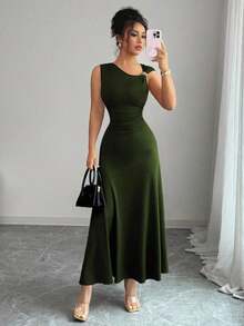 Nuevo vestido casual y elegante para mujer con cuello asimétrico, decoración metálica y cintura fruncida para vacaciones - Verde militar - Ver 5