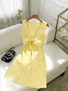 Vestido sin mangas con lazo decorativo con cuentas y espalda descubierta para mujer en color rojo - Amarillo - Ver 1