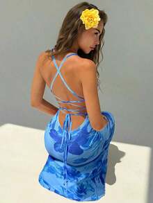 Vestido con estampado floral elegante y espalda descubierta para mujer - Azul - Ver 8