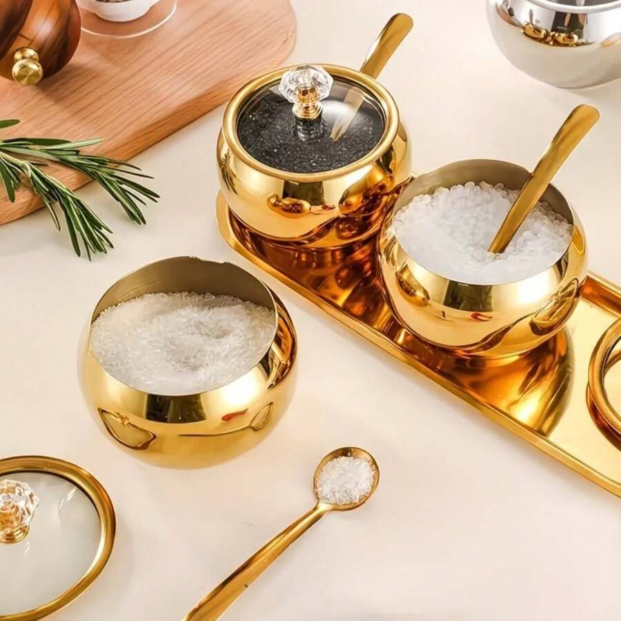 2/3件套不锈钢调味罐套装，带盖和勺子，金色调味瓶配调料托盘，适合存放胡椒、盐、香料、糖果和咖啡豆，厨房用品