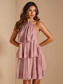 Vestido corto de gasa rojo sólido con hojas de loto en cascada, apropiado para citas diarias, salidas nocturnas, discotecas, fiestas, reuniones, fiestas de cócteles, fiestas de piscina, ropa de vuelta al colegio, vestidos de temporada escolar, vestidos de vacaciones, faldas tutú - Rojo cereza - Ver 2