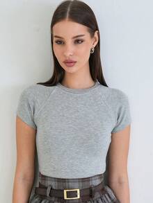 Women's Solid Color Round Neck Raglan Short Sleeve Casual T-Shirt - Grey - View 2