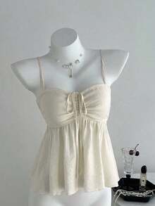 Camiseta de tirantes con volantes de unicolor lindo para damas, ropa de verano para la universidad - Albaricoque - Ver 7