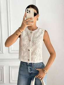 Chaqueta de chaleco elegante de un solo aliento con estampado floral jacquard para mujer - Beis - Ver 3