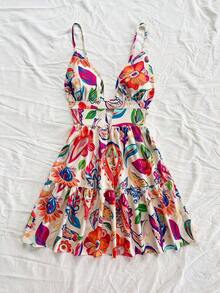 Vestido de vacaciones sin mangas con tirantes tipo espagueti, escote en V, estilo en línea A con huecos y espalda descubierta, 25 estilos - Multicolor - Ver 4