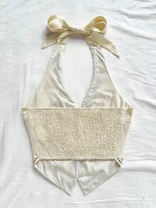 Top corto para mujer estilo bohemio sin mangas con diseño de espalda de tirantes, cuello halter con diseño anudado y bordados florales, adecuado para festivales de música - Negro - Ver 3