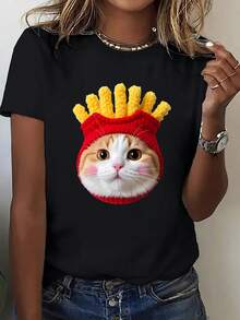 A Fun Short-Sleeved Shirt Printed With A Cute And Unique Design Of A Cat With French Fries, Perfect For Women's Casual Sporty Style. This Stylish And Interesting Crew Neck Print Makes A Great Gift, And Is Made Of Soft, Breathable Fabric. - 黑色 - 查看 1