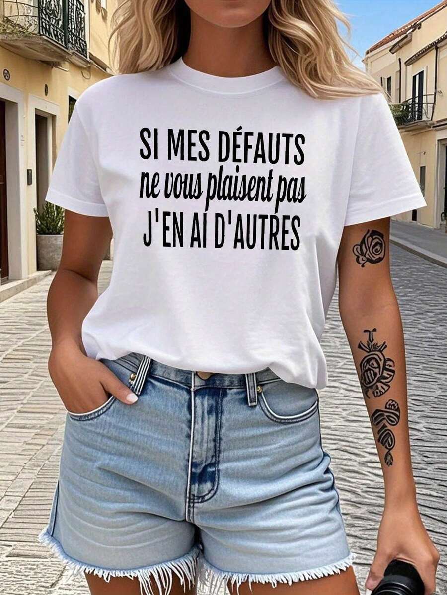 Imprimir texto francés Mujeres primavera - verano corto - manga tripulación - cuello casual T - camiseta, socializar de moda, salidas diarias, fiesta de moda