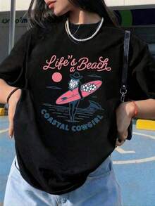 Women's T-Shirt With Coastal Cowgirl And Surfboard Print, Tropical Design Summer T-Shirt, Ideal For Beachwear And Holidays - 黑色 - 查看 8