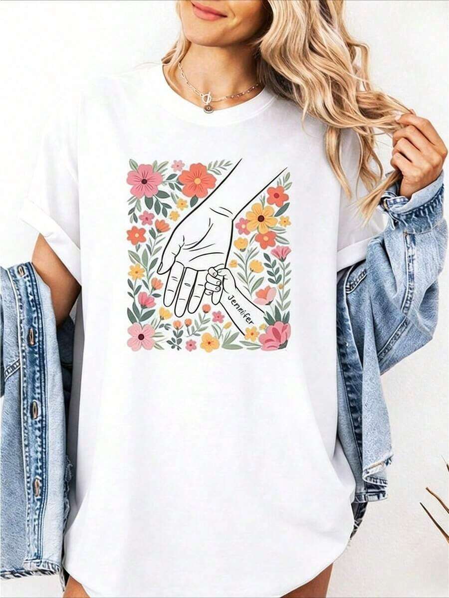 1 Personalized T-Shirt For Mom With Floral Design, 100% Cotton, Personalized T-Shirt For Mom With Children's Names, T-Shirt For Mom With Children's Names, T-Shirt For Mother's Day, Mother's Day Gift - Sizes S-2XL, Breathable And Comfortable. - 白色 - 查看 1