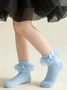 1 Pair Cotton Girls' Solid Color Mesh Socks With Double Lace, Dance Party Socks - Baby Blue - View 7