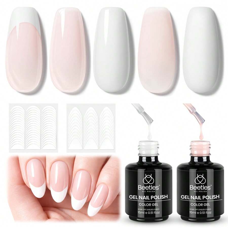 Beetles 2Pcs 15ml White Nude Pink French Tip Gel Polish Set, Soak Off UV LED Gel Nail Polish With 2 Styles - 2Pcs 15ml Nude Pink & White Set - 查看 1
