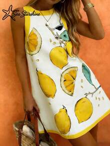Sea Starshine Women's Bohemian Style Summer Beach Casual Vacation Comfortable Sleeveless Dress With Contrast Lemon Leaf Pattern White Elegant - White - View 2