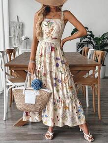 Vestido deslizante casual y elegante con diseño de cintura elástica, lazo de moño y estampado floral para vacaciones y uso diario de mujer - Multicolor - Ver 3