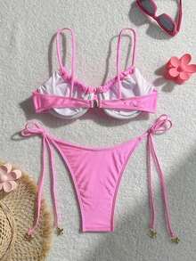 Conjunto de bikini para mujer con top de tirantes con aros y sujetador push-up con estampado digital y Bottom con lazos laterales, para primavera/verano - Rosa - Ver 2