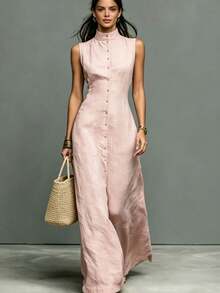 Minimalist Style Single-Neck Sleeveless Maxi Linen Dress - 粉色 - 查看 6