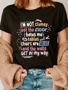 Elegante Camiseta Diaria con Texto Sarcástico "No Soy Tonto", Estampado de Letras a la Moda, Camiseta Casual de Manga Corta y Cuello Redondo, Camiseta Chic de Moda para Mujer Primavera/Verano - Negro - Ver 8