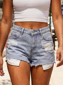 Women's Slim Ripped Denim Shorts Mid Rise Distressed Jean Shorts Frayed Hem Summer Bottoms - Light Blue - View 1