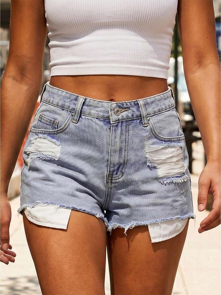 Women's Slim Ripped Denim Shorts Mid Rise Distressed Jean Shorts Frayed Hem Summer Bottoms - Light Blue - View 1