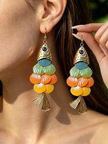 1 Pair Summer Beach Vacation Mermaid Iridescent Shell Tassel Fish Earrings Women, Rainbow Layered Dangle Earrings Vacation Statement Jewelry For Resort Outfit - Colorful - View 1