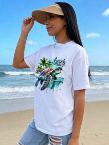 1 Camiseta de Moda Casual para Hombre y Mujer con Estampado de Tortuga Marina, Camiseta para Mujer, Lavable a Máquina, Cuello Redondo, Camiseta de Verano de Manga Corta para Mujer, Estampado Gráfico de Tortuga Marina. Versátil, fácil de combinar, adecuada para uso diario, estilo urbano, ropa de vacaciones, ropa de fin de semana. - Blanco - Ver 3