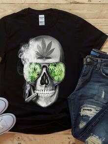 Unisex T-shirt Stoner Skull T-shirt, T-shirts med motiv av rökande skalle med solglasögon för män, herr-t-shirts, herrkläder, herrset, herr-t-shirt, herrartiklar, vardagsklänningar för kvinnor, damset, eleganta blusar, dam-t-shirts, damklänning - Svart - Visa 1