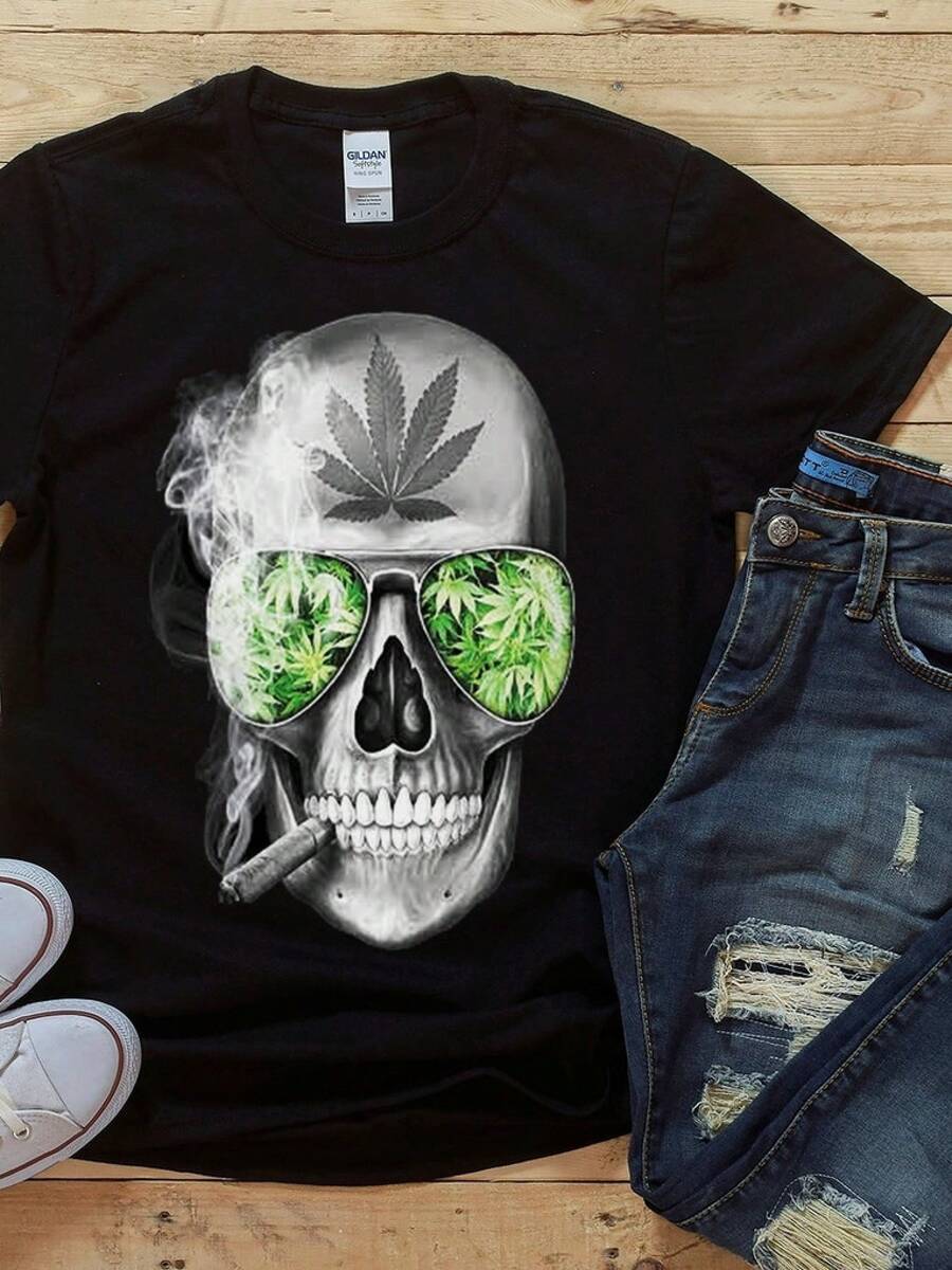 Unisex T-shirt Stoner Skull T-shirt, T-shirts med motiv av rökande skalle med solglasögon för män, herr-t-shirts, herrkläder, herrset, herr-t-shirt, herrartiklar, vardagsklänningar för kvinnor, damset, eleganta blusar, dam-t-shirts, damklänning - Svart - Visa 1