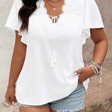 Plus Size Women Lace Patchwork Ruffled Sleeve Blouse - Blanco - Ver 6