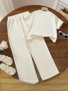 2pcs/Set Tween GirlsCasual Solid Color Round Neck Short Sleeve Cropped Top And Wide Leg Pants, Summer Fashion - Apricot - View 2