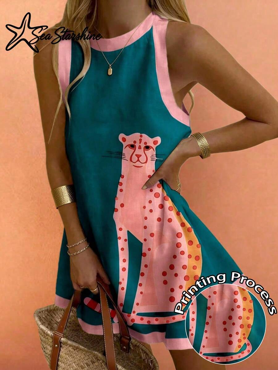 Série Primavera/Verão Estrela do Mar Brilhante: Vestido Casual Confortável de Alça com Estampa Digital de Leopardo Rosa para Mulheres, Adequado para Férias na Praia Elegante - Azul - Visão 1