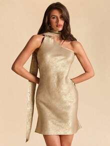 Vestido mini de satén elegante con hombros asimétricos y espalda descubierta en unicolor amarillo crema, vestido mini elegante con estampado, vestido mini sexy con espalda descubierta, vestido mini de satén amarillo con espalda descubierta, vest - Dorado - Ver 6