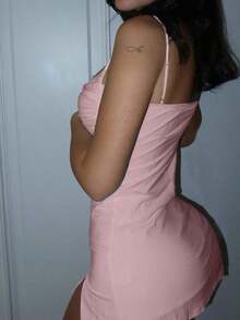 Vestido de mujer de unicolor, sexy, con tirantes de espagueti, parche de encaje, nudo delantero, ajustado con abertura lateral, vestido de verano, versátil, para verano y primavera, vestido casual elegante blanco - Rosa Pálido - Ver 3