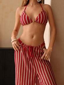 Swim Chiccia Conjunto de bikini a rayas sexy para mujer con pantalones, nueva llegada de trajes de baño para mujer 2026, adecuado para la escuela, vacaciones, citas, té de la tarde, estilo occidental, cruceros, playa, isla, viajes por carretera, todas las estaciones, festivales de música, vacaciones bohemias, vacaciones bohemias, otoño relajado, estilo occidental bohemio, blusas elegantes para mujer - Rojo - Ver 6