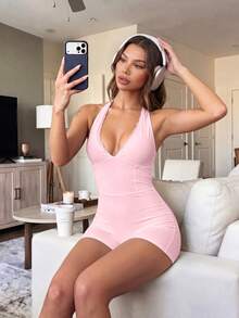 6pecil Bộ jumpsuit nữ mùa hè 2026 gợi cảm với ren, cổ yếm, cổ chữ V, hở lưng, cổ chữ V sâu, thích hợp cho tiệc tùng, thường ngày, yoga, thể dục thể thao. - Hồng - Xem 5