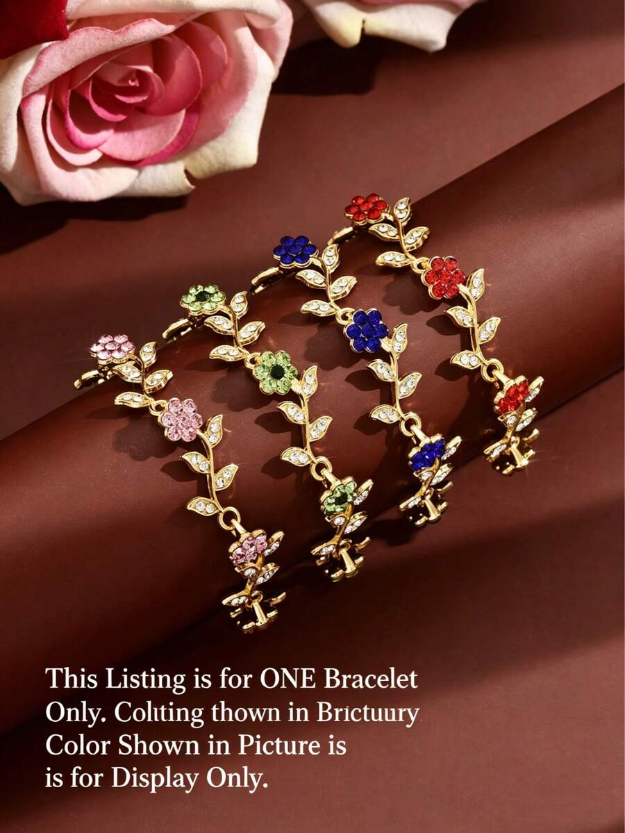 1pc Rose Leaf Bracelet, Red Crystal Flower Rhinestone Chain Bracelet, Delicate Jewelry Accessory Suitable For Summer Beach/Wedding Engagement/Party - Multicolor - View 1