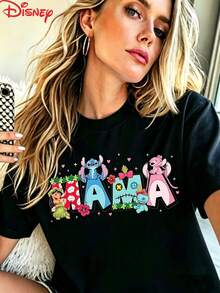 Disney Brand Women's Cute Black Round Neck Short Sleeve Tee With 'Mama' Graphic Featuring 's Lilo & Stitch Characters Casual Fit Top - 黑色 - 查看 1