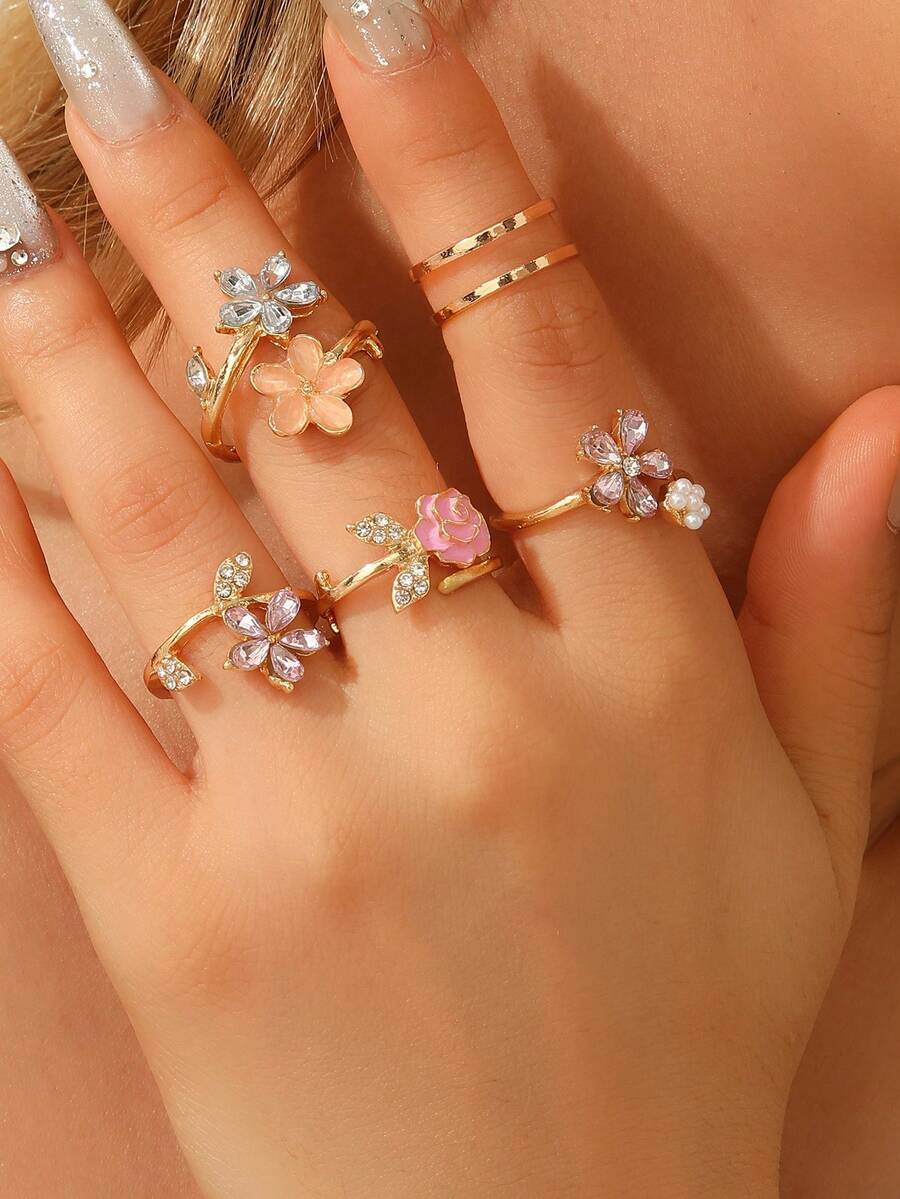 5枚百搭花卉设计吊坠戒指,适合女性日常佩戴、派对、珠宝礼品、夏季配饰 - 金黃色 - 查看 1