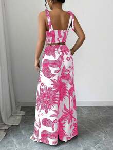 Top de tirantes con nudo y pantalones de pierna recta con estampado azul y blanco bohemio, conjunto de 2 piezas para vacaciones - Rosa Fucsia - Ver 2