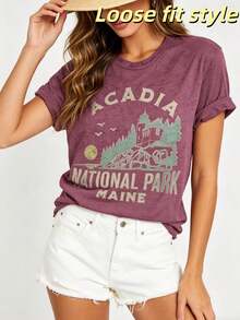 Vintage Maine Acadia National Park Graphic T Shirt For Hikers Retro Style Casual Crew Neck Tee With Mountain& Star Design Soft Polyester Blend - 玫紅色 - 查看 2