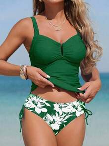 Swim Lushoire 2 piezas Traje de baño tipo tankini para mujer, torso fruncido con acabado en forma de U y estampado floral, casual y cómodo para nadar de vacaciones - Verde 2 - Ver 4