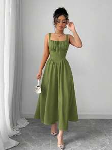 Vestido largo de verano 2025 de color rojo sólido, elegante y con volantes, lazo delantero, espalda con tirantes, cintura asimétrica estilizadora y bajo en forma de A, ideal para el Día de San Valentín y las vacaciones - Verde - Ver 7